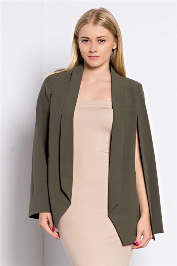 Olive green women's cape blazer, blue labels boutique