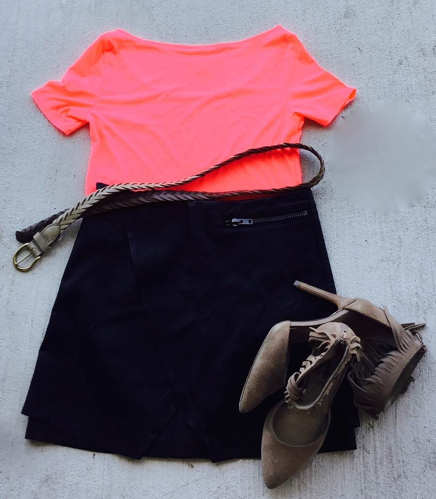 neon coral crop mini skirt tan braided belt fringe shoes