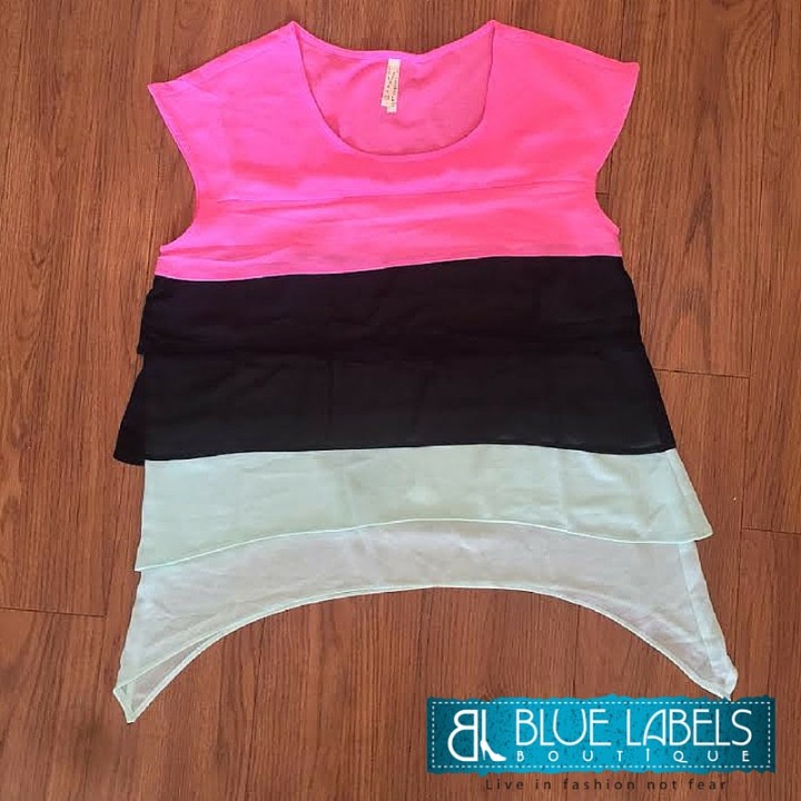 pink, black, mint, short sleeve chiffon top