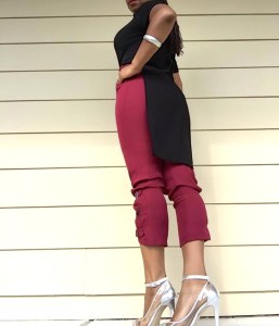 black high low top burgundy pants silver shoes