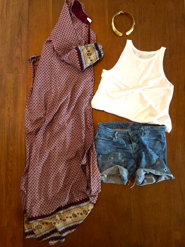 burgundy printed maxi dress cutoff shorts white tank