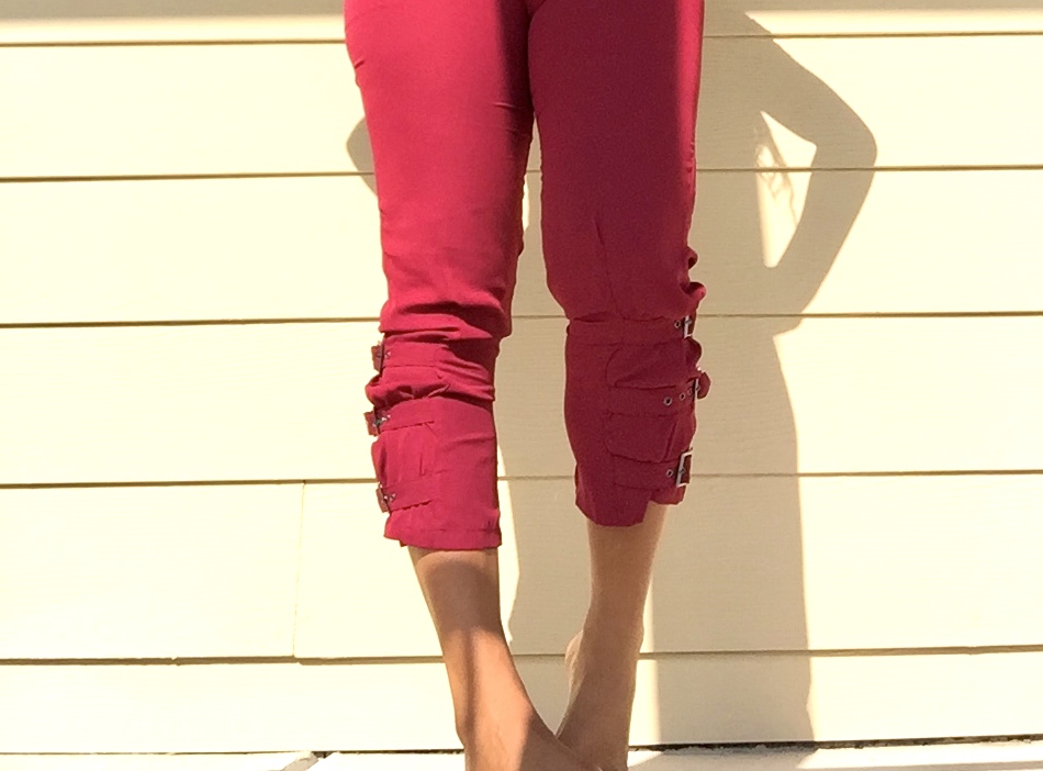 womens burgundy trousers with side buckles