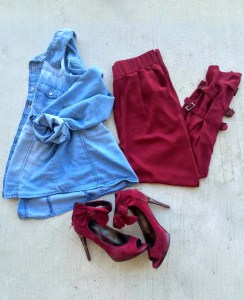 denim top burgundy pants burgundy heels