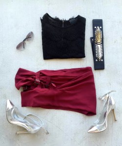 collage outfit of burgundy trousers spiked belt fend sunglasses silver heels