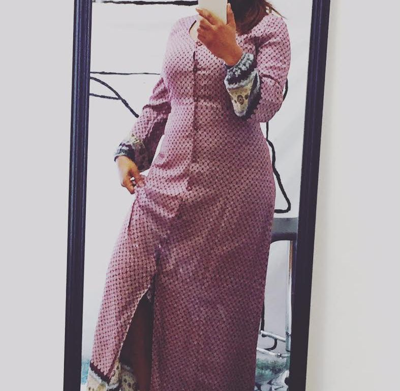 printed maxi dress selfie in mirror