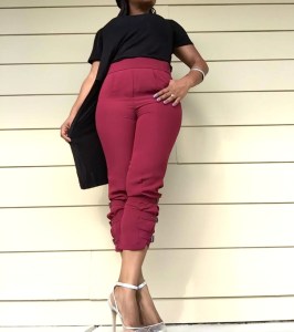 black high low top burgundy pants silver shoes