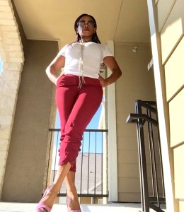 burgundy trousers white tshirt pink suede shoes