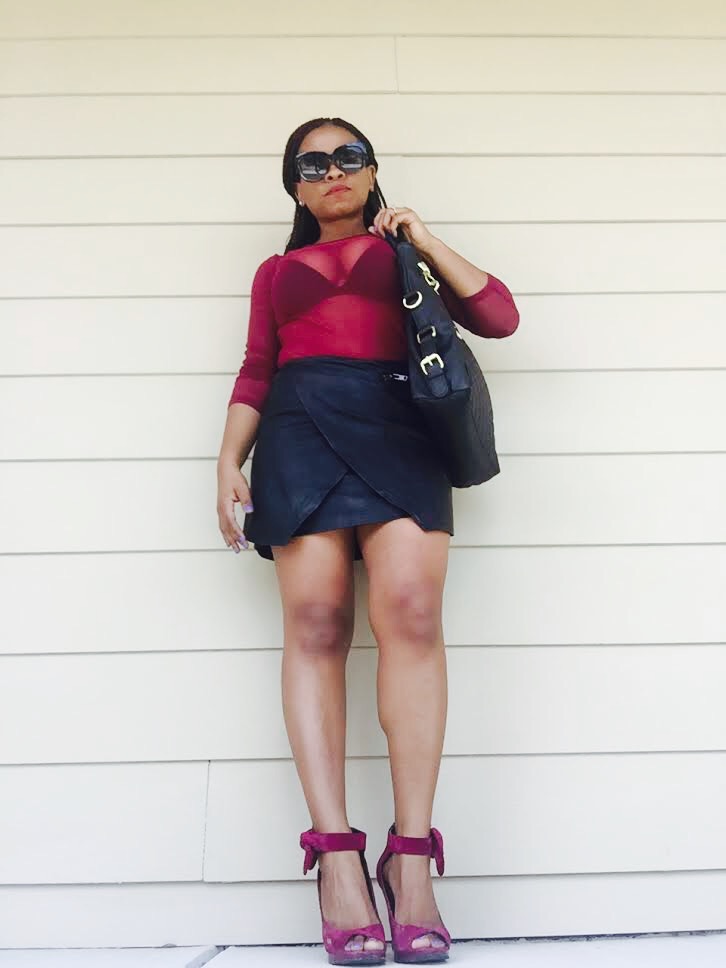 sheer burgundy top, black leather skirt