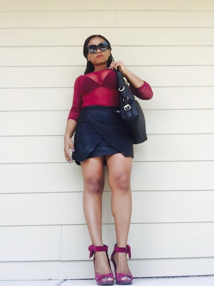 sheer burgundy top, black leather skirt