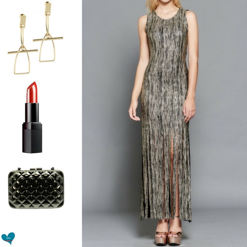 gold black fringe dress metal clutch bag red lips