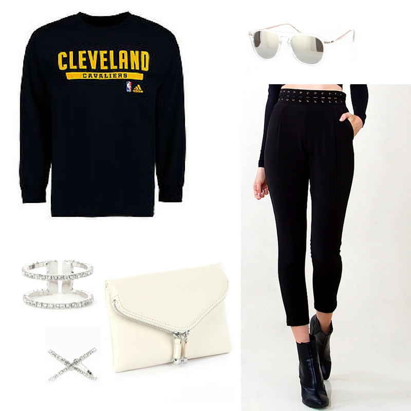 cleveland cavs sweatshirt black trousers white clutch blue labels boutique