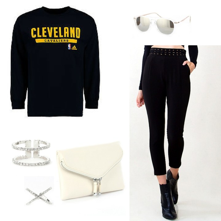 cleveland cavs sweatshirt black trousers white clutch blue labels boutique