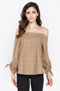 camel plaid wool off the shoulder top blue labels boutique