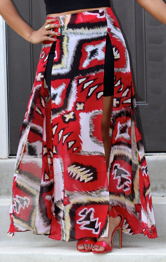 red sheer printed maxi skirt
