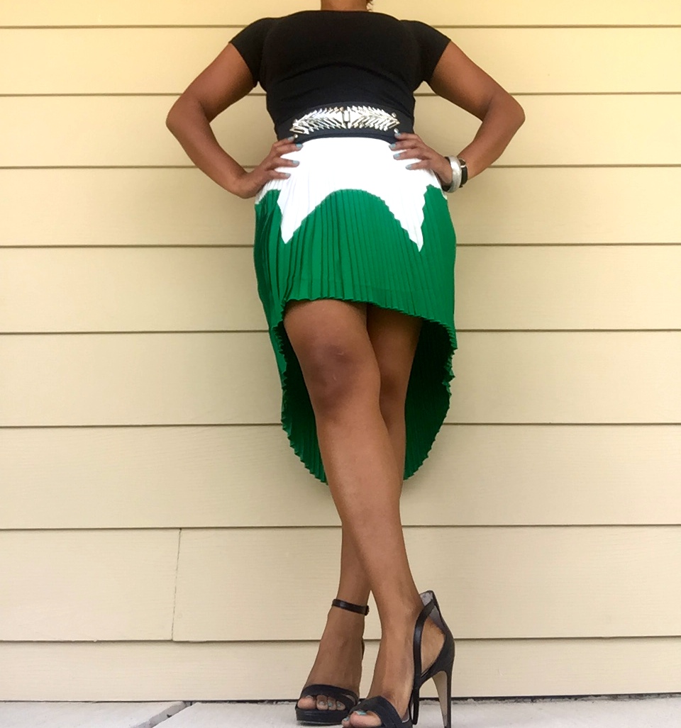green, black, white, pleated skirt