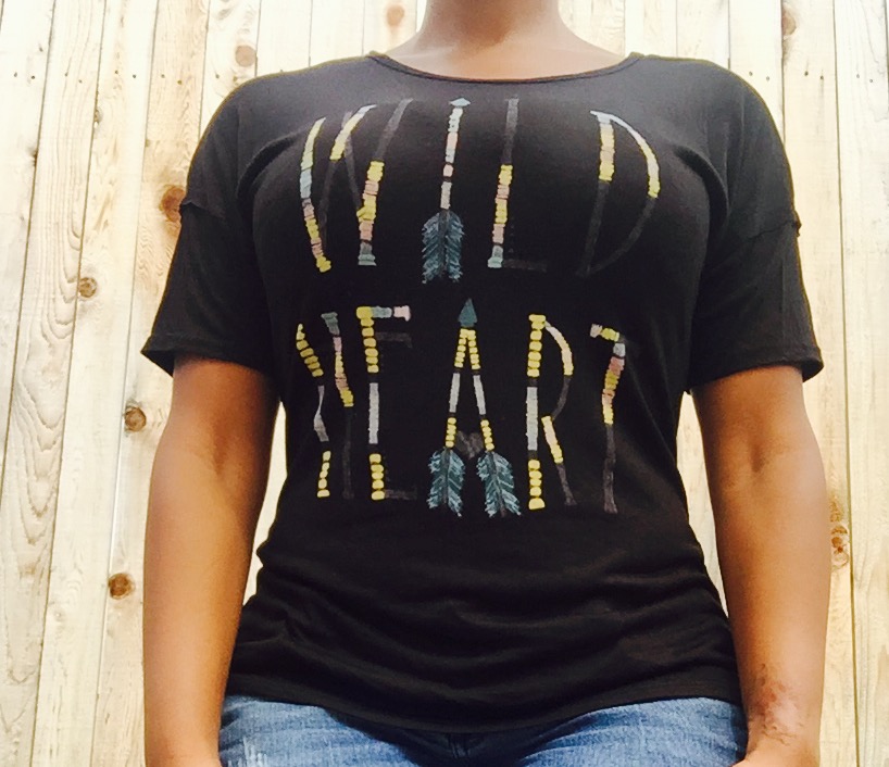 black -shirt with wild heart on front in feathers