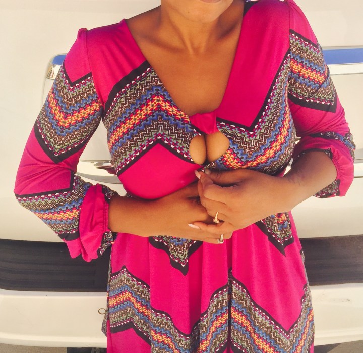 hot pink keyhole front dress with bold print blue labels boutique