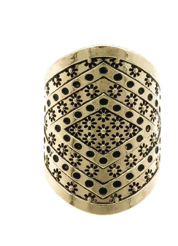 ancient inspired gold ring with black etching blue labels boutique