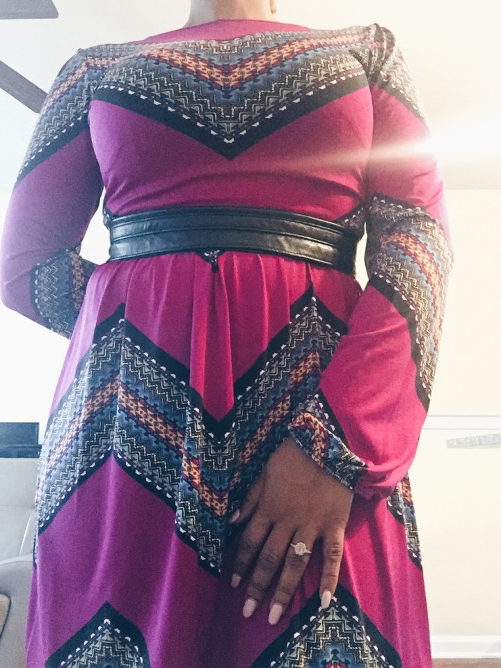 womens pink bold printed dress with leather belt