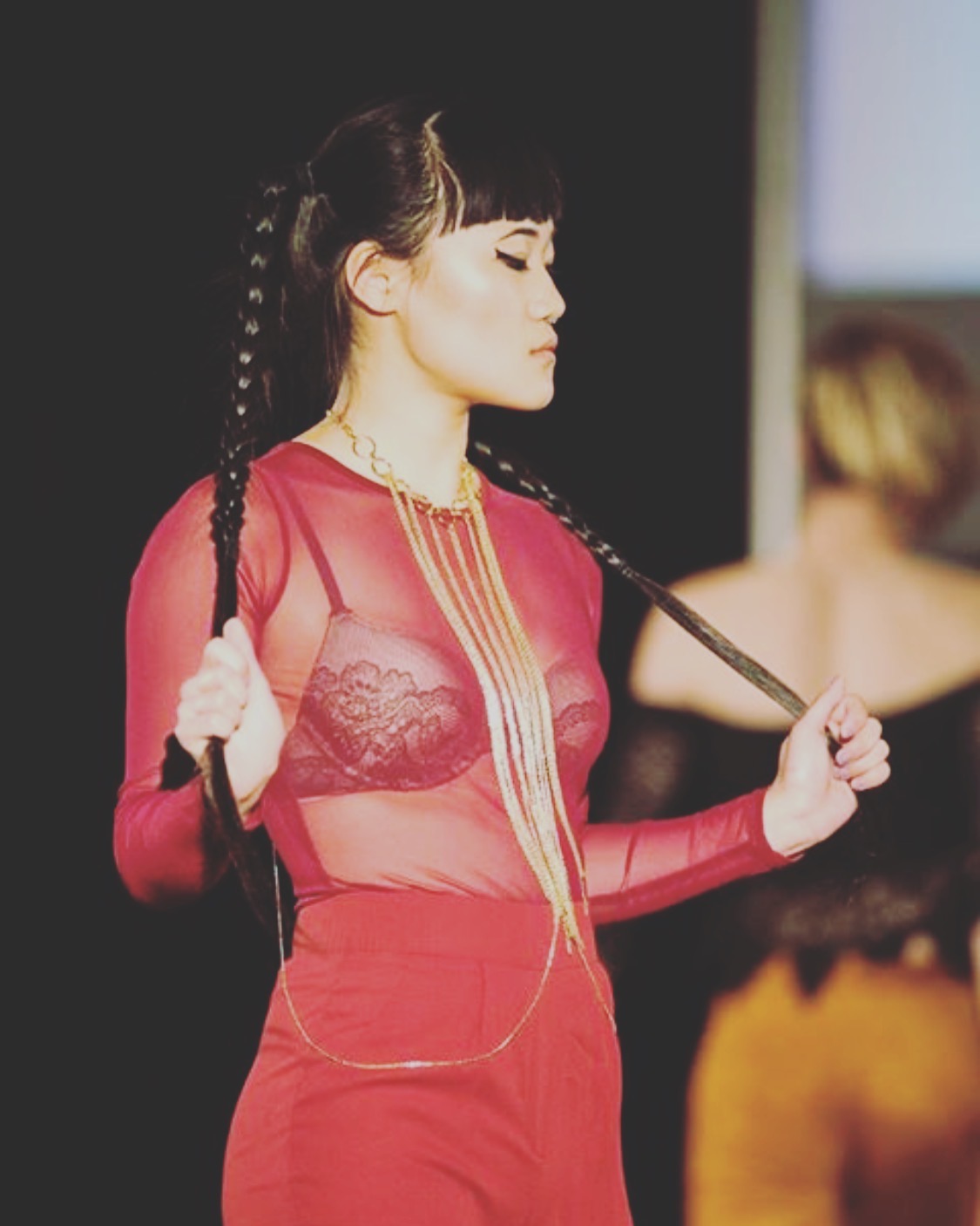 model wearing burgundy long sleeve top with burgundy pants