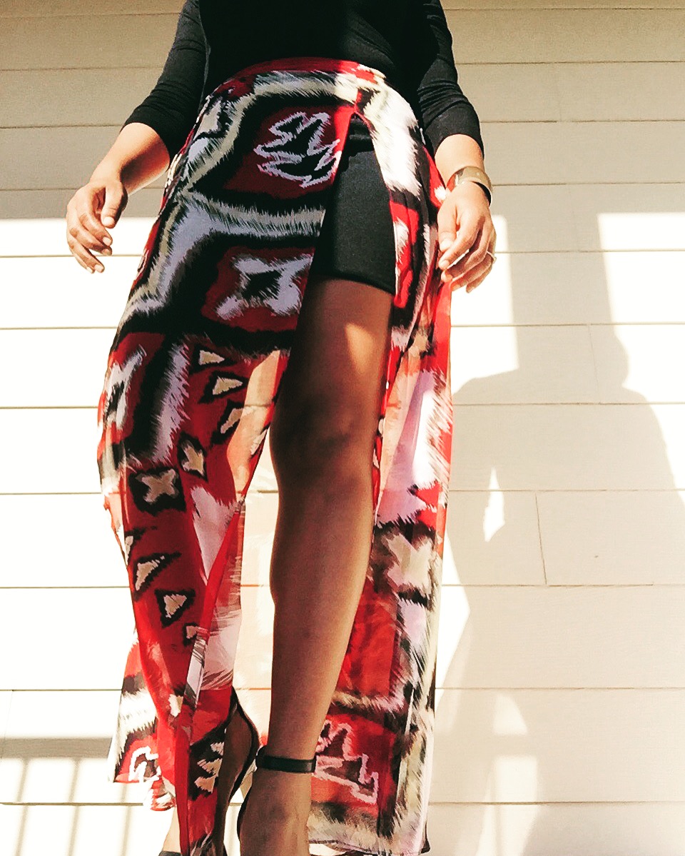 red printed sheer skirt