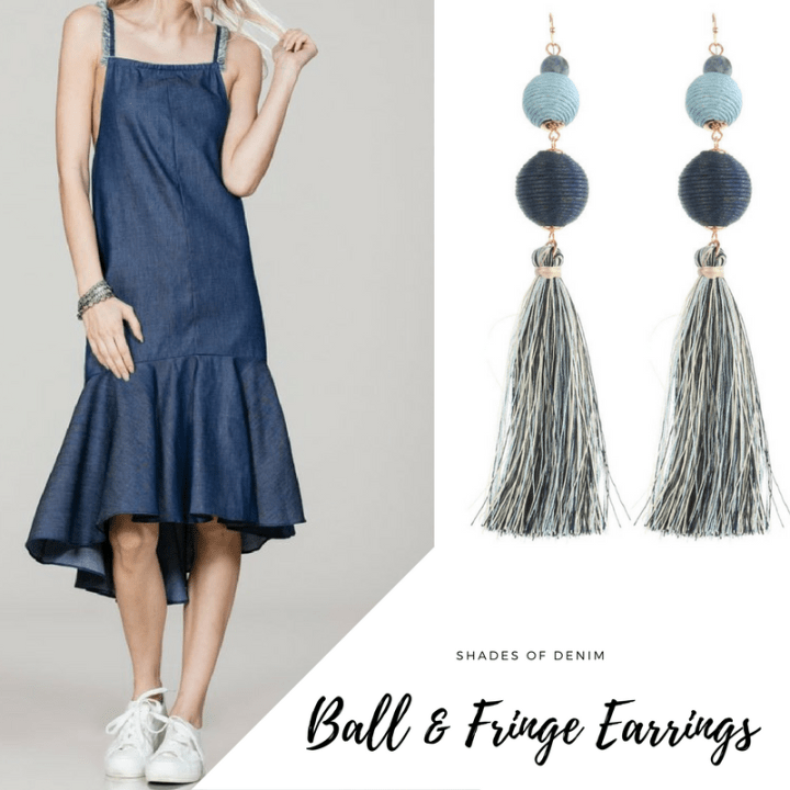 denim dress and ball fringe earrings blue labels boutique