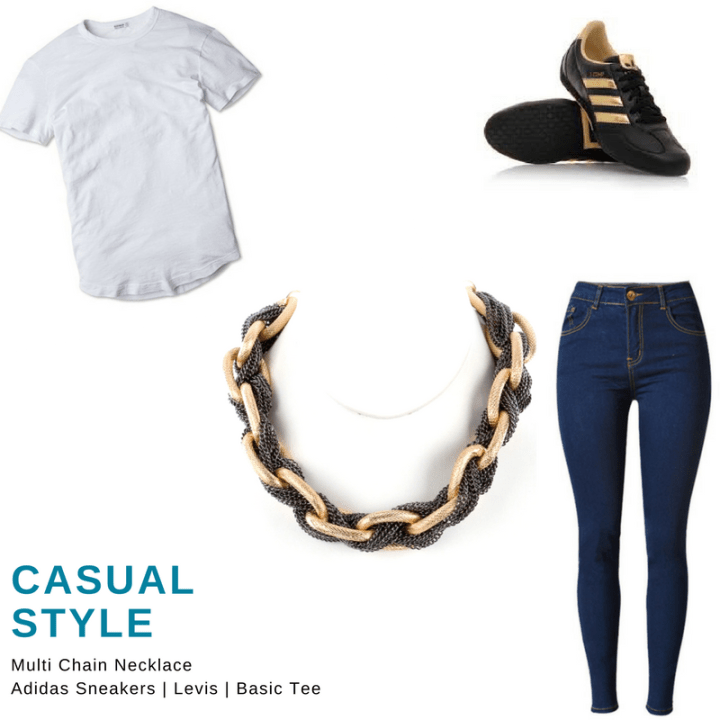 white tee, denim jeans, adidas sneakers, multi chain necklace blue labels boutique
