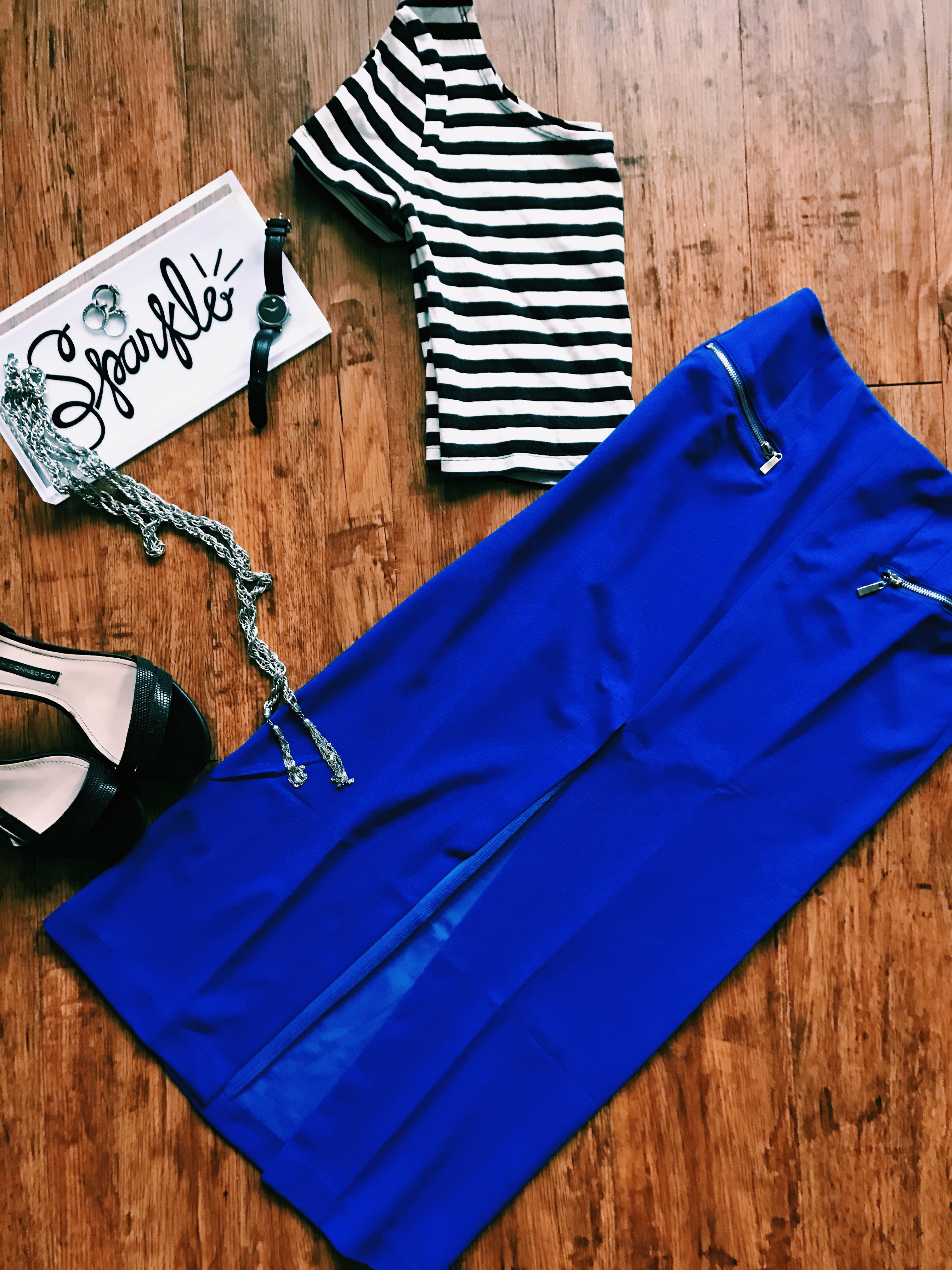 Always Royal Skirt | French Connection Heels | Movado Watch | BLB Accessories