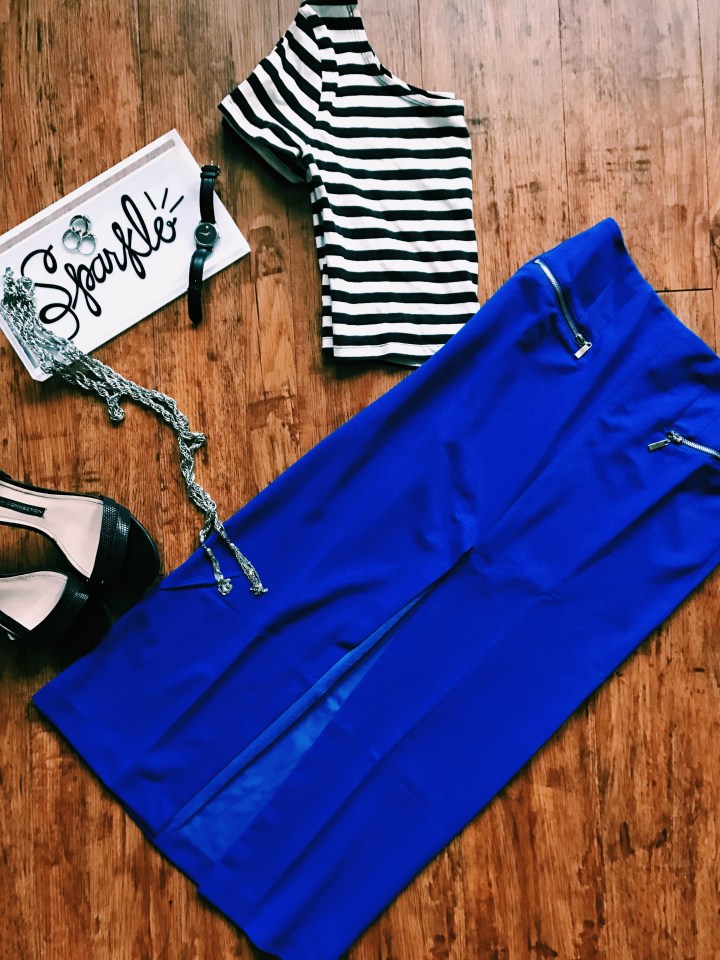 Always Royal Skirt | French Connection Heels | Movado Watch | BLB Accessories