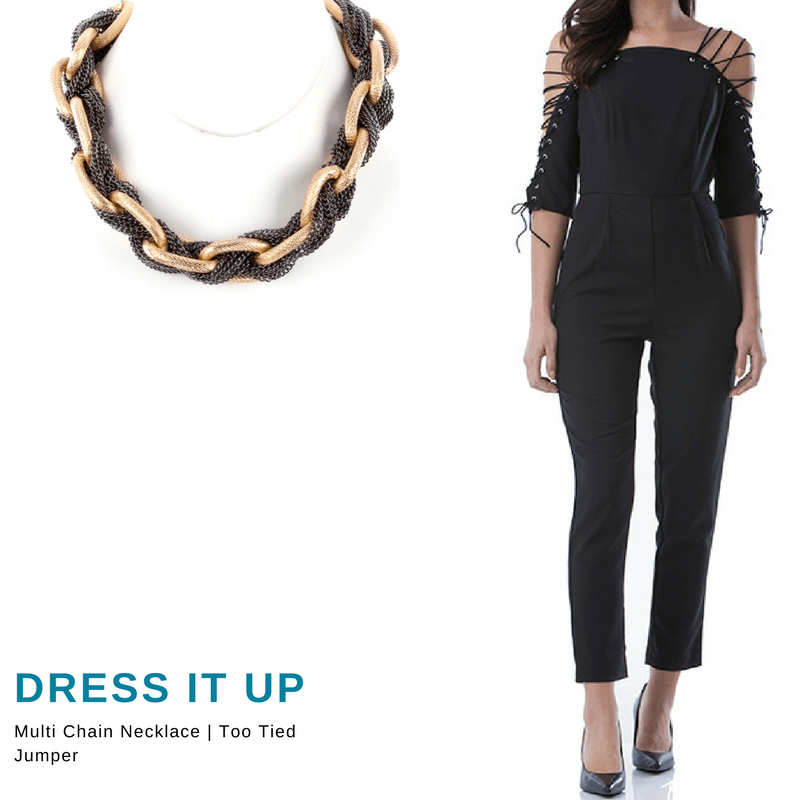 black jumper, multi chain necklace blue labels boutique