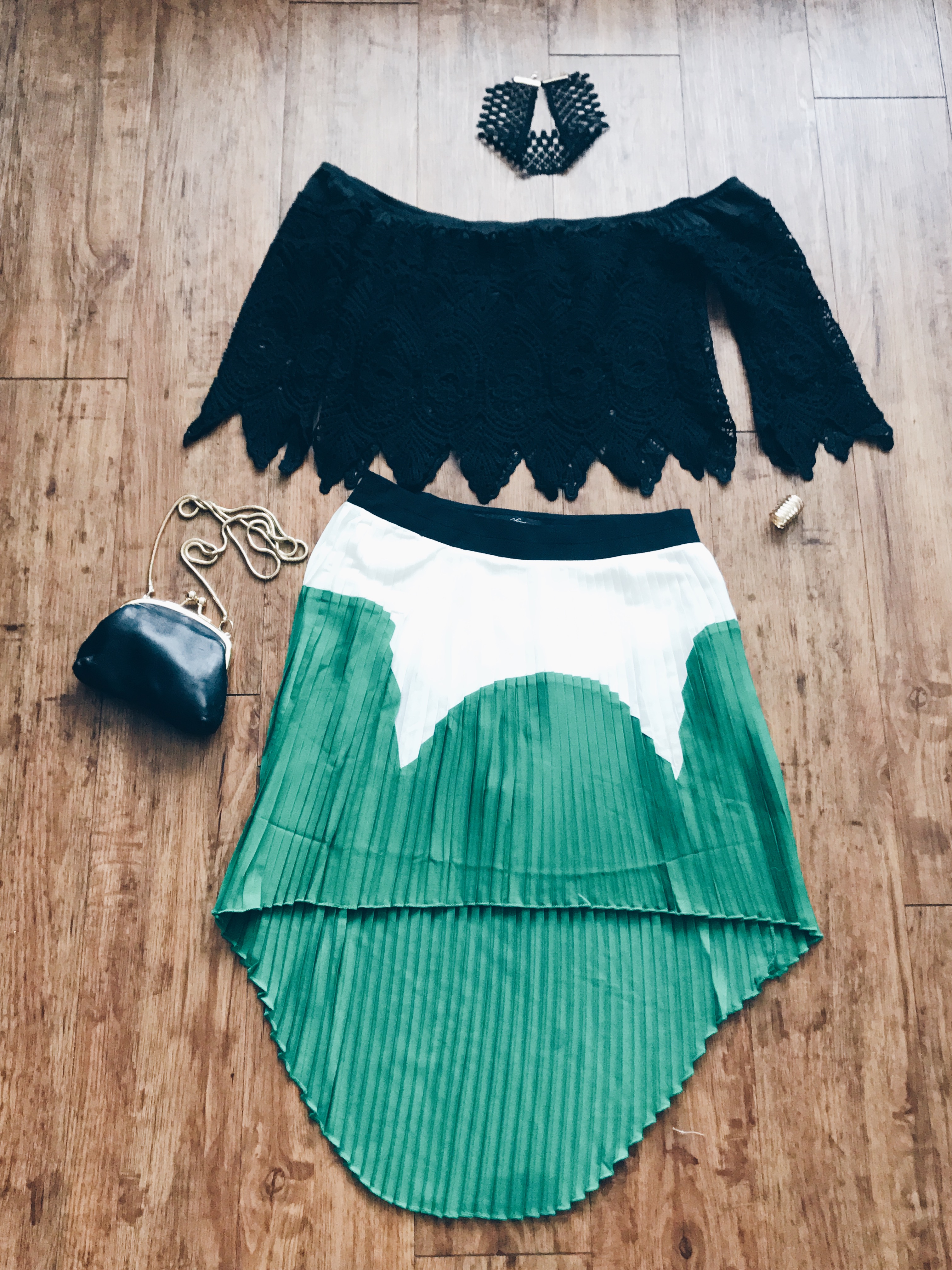 green colorblock outfit with off the shoulder top
