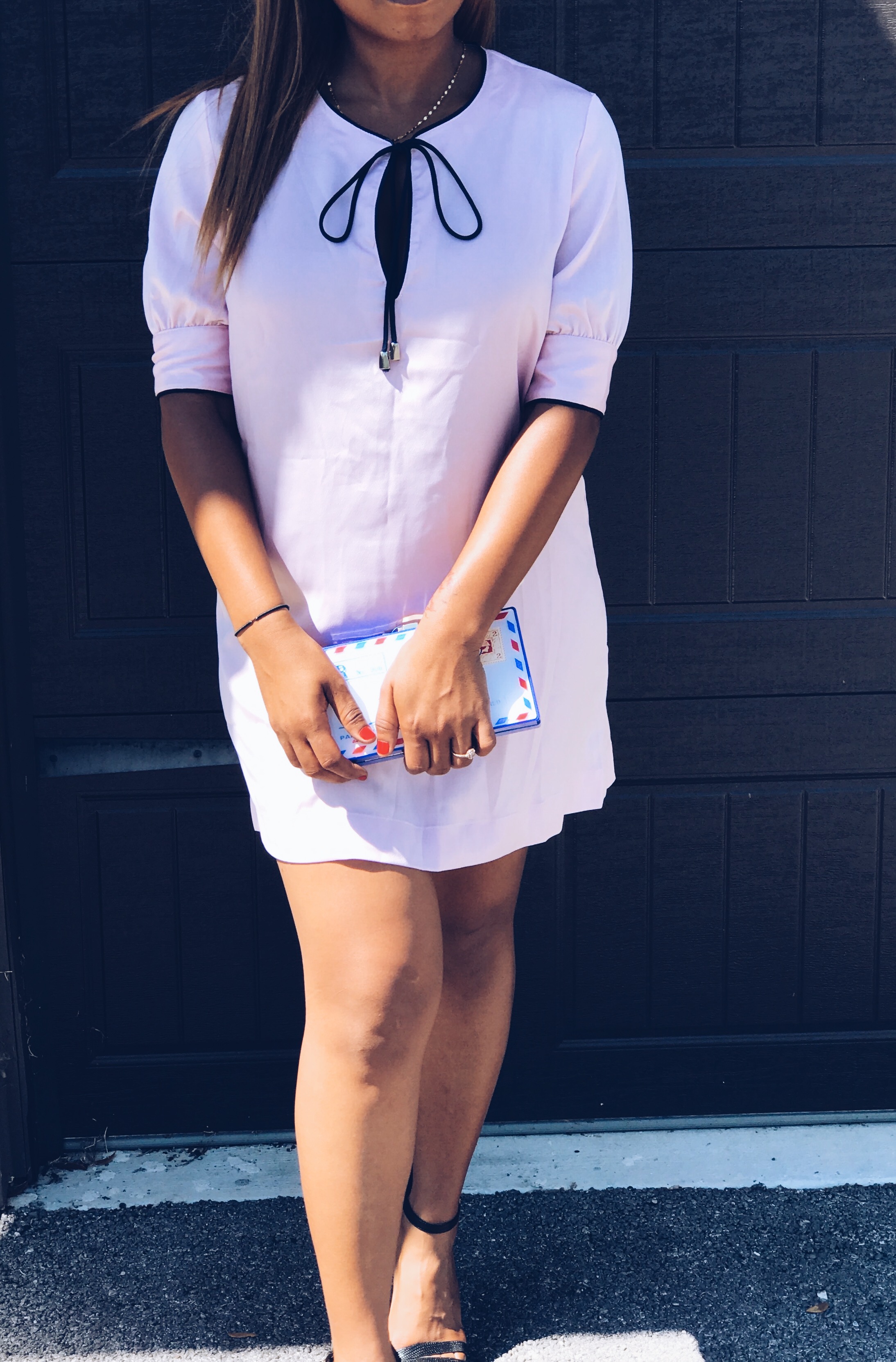 satin pink shift dress with navy lining blue labels boutique