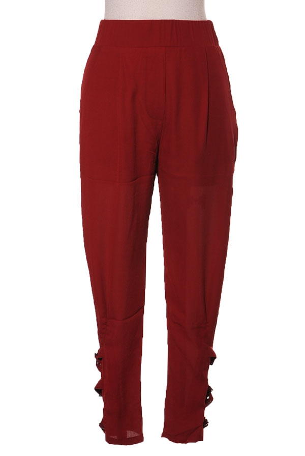burgundy trousers with buckles at ankle, blue labels boutique