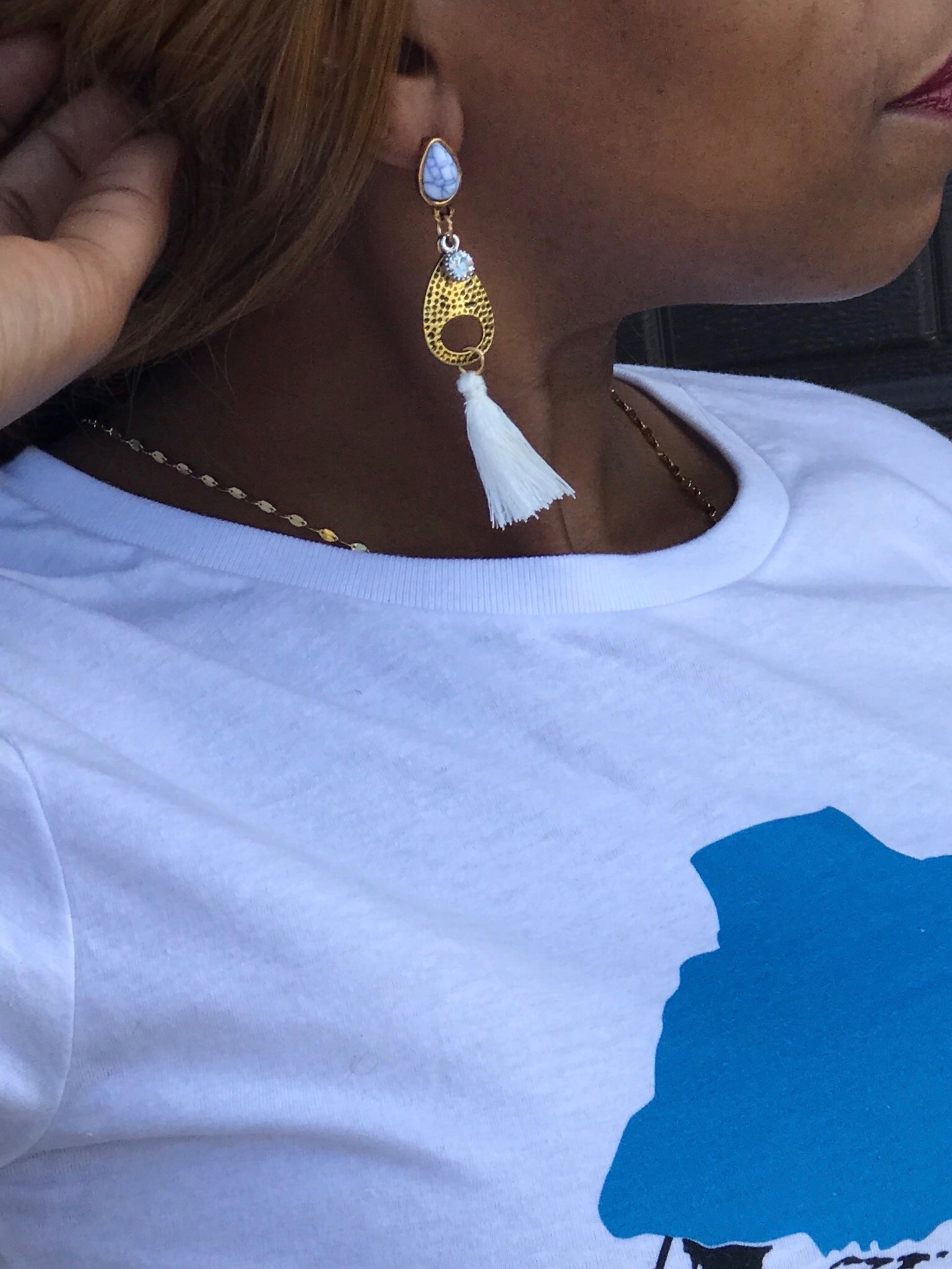 White fringe and gemstone dangle earrings blue labels boutique