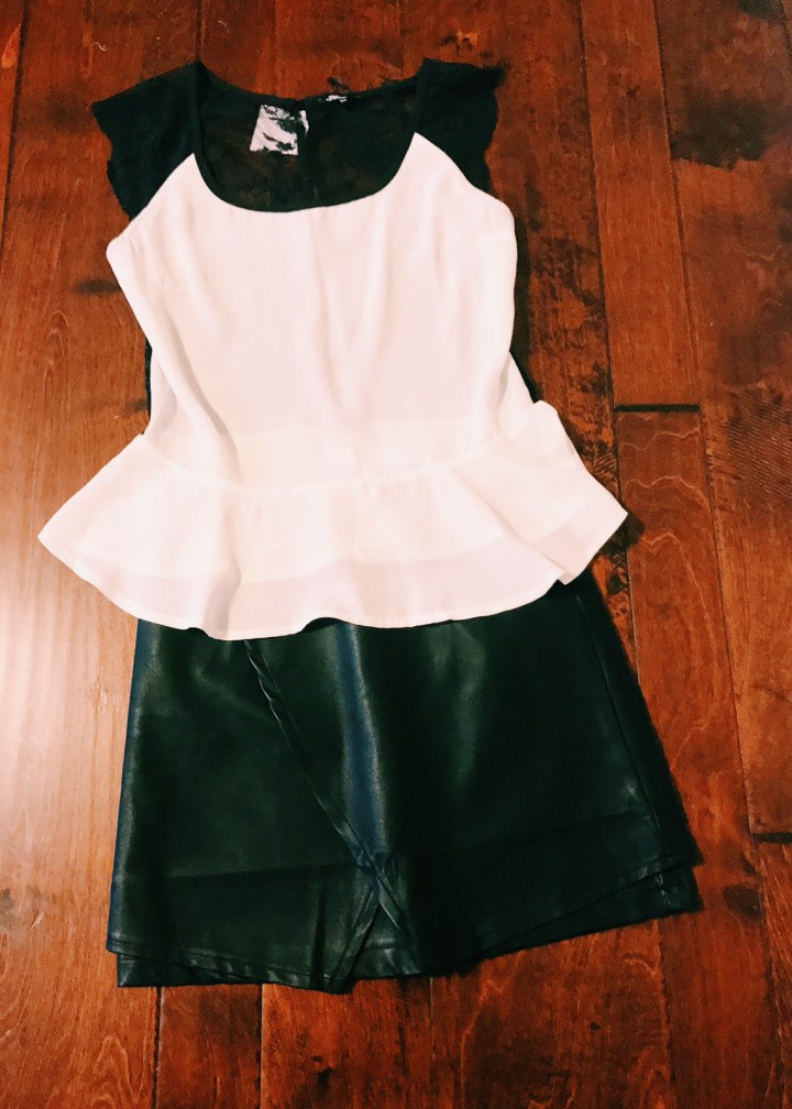 black &amp; white lace top with leather mini skirt