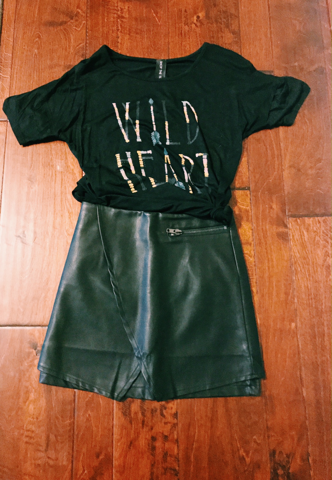 Graphic Tee with Leather Wrapskirt Blue Labels Boutique