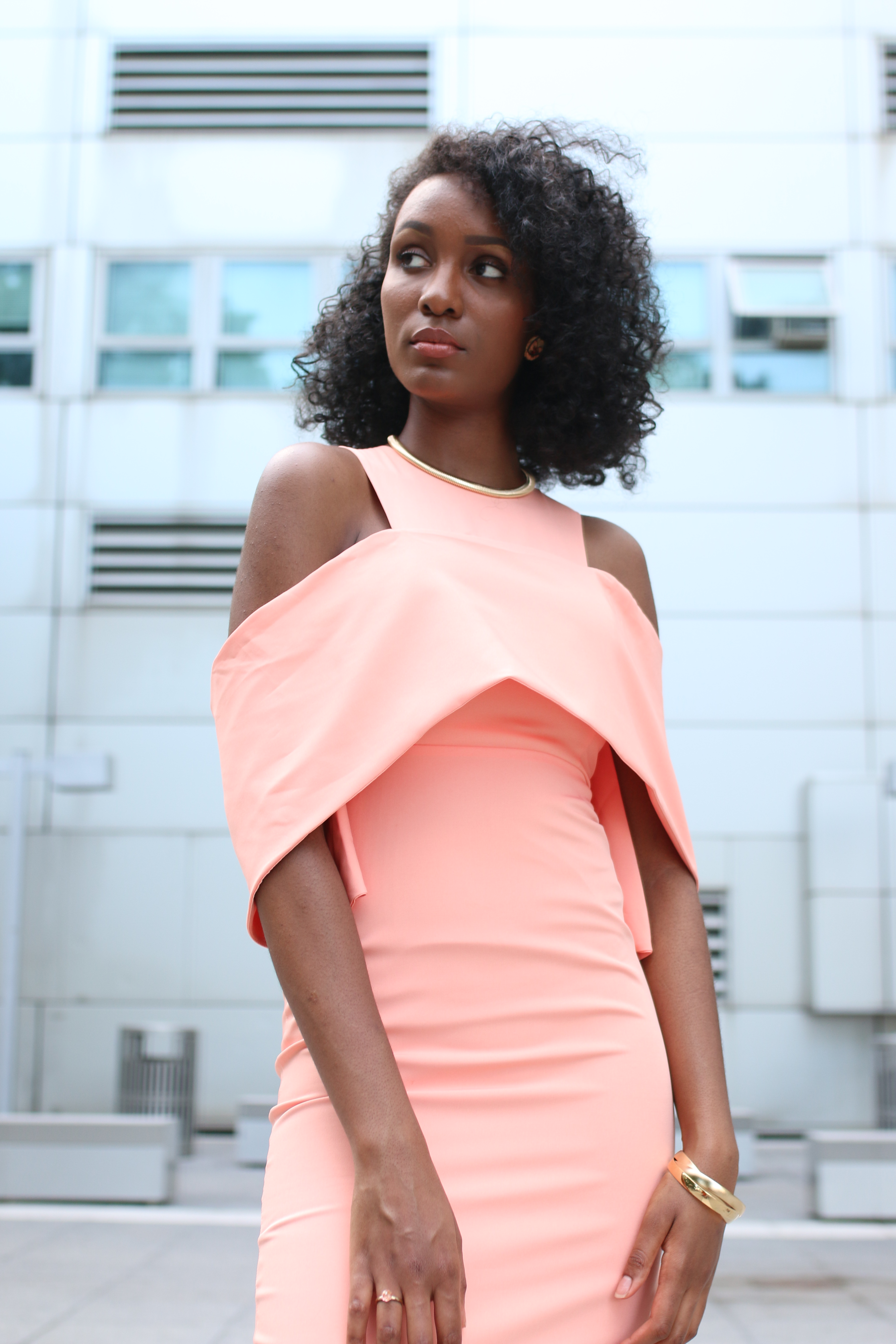 peach off the shoulder dress