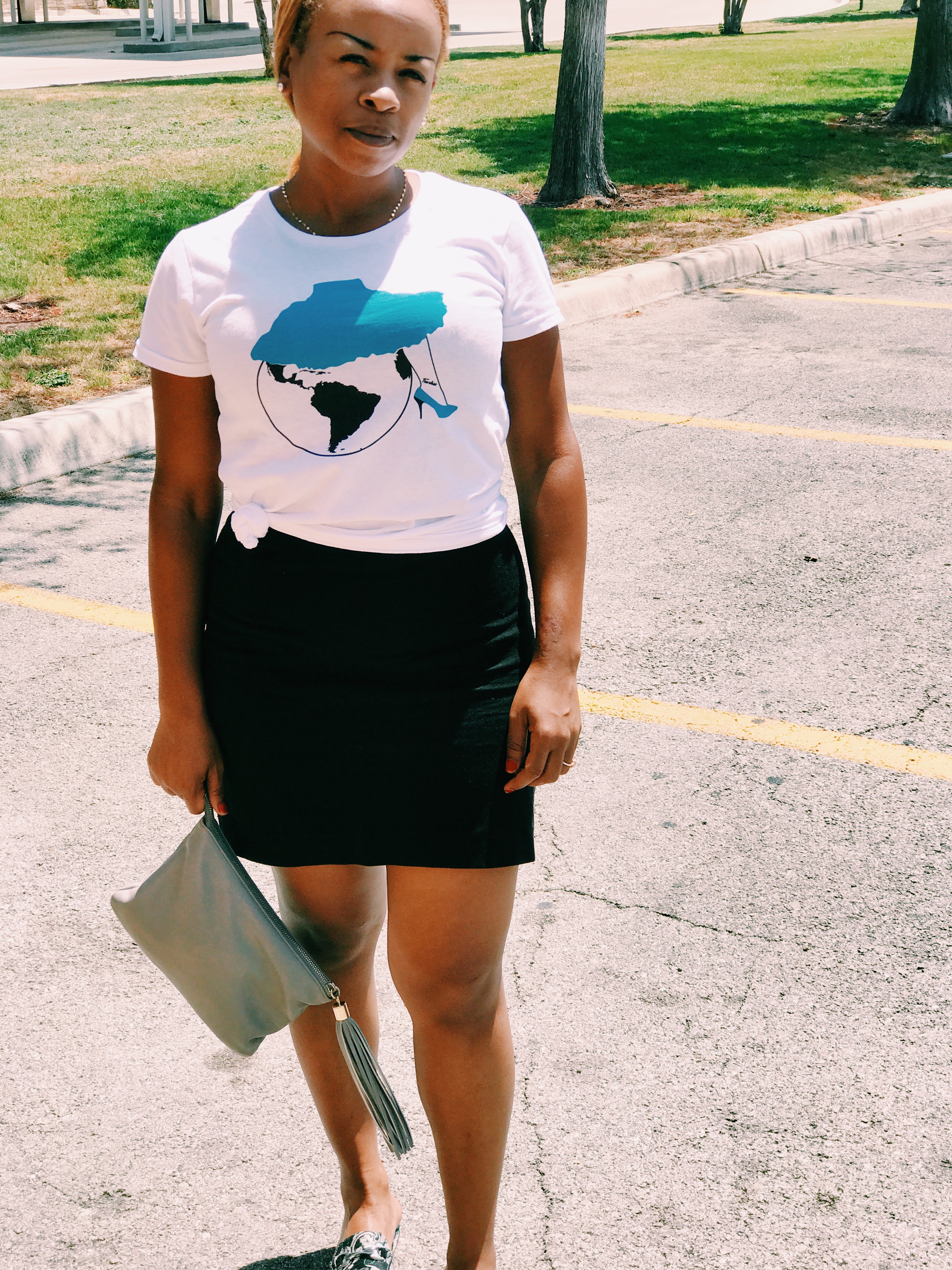 fearless woman tee with black skirt