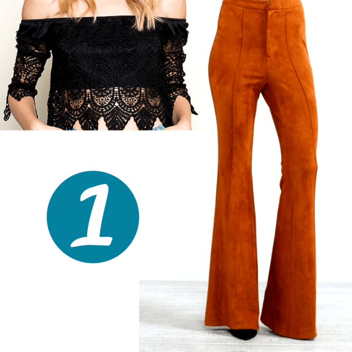 Suede women's flares, off the shoulder top