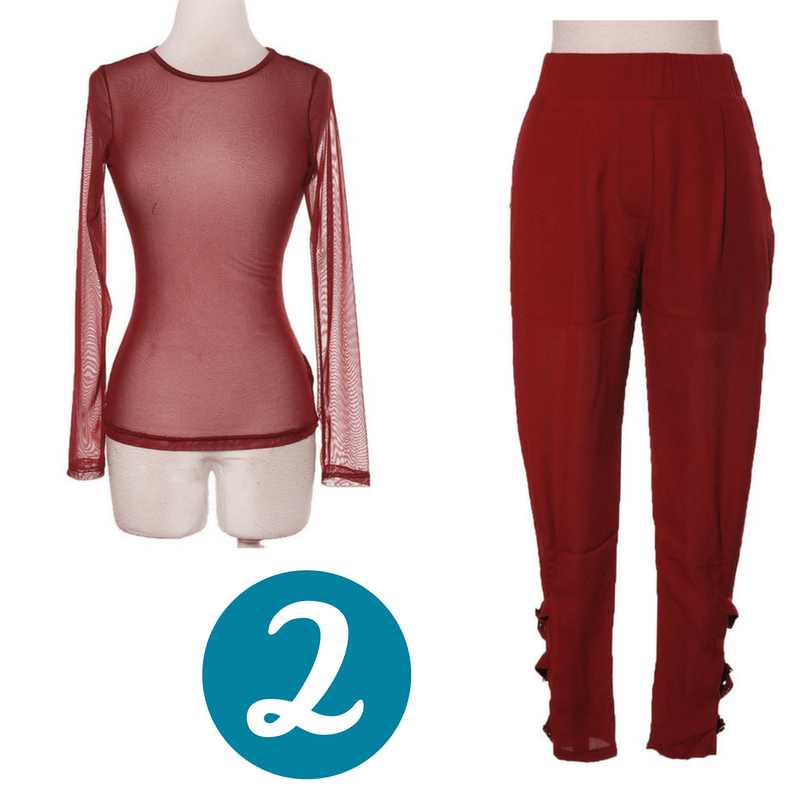 Women's burgundy Sheer top, buckled trouserd