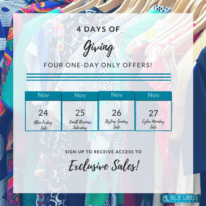 sales at blue labels boutique small business saturday, cyber monday