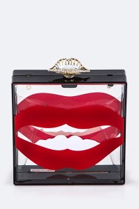 clear box red lips clutch blue labels boutique