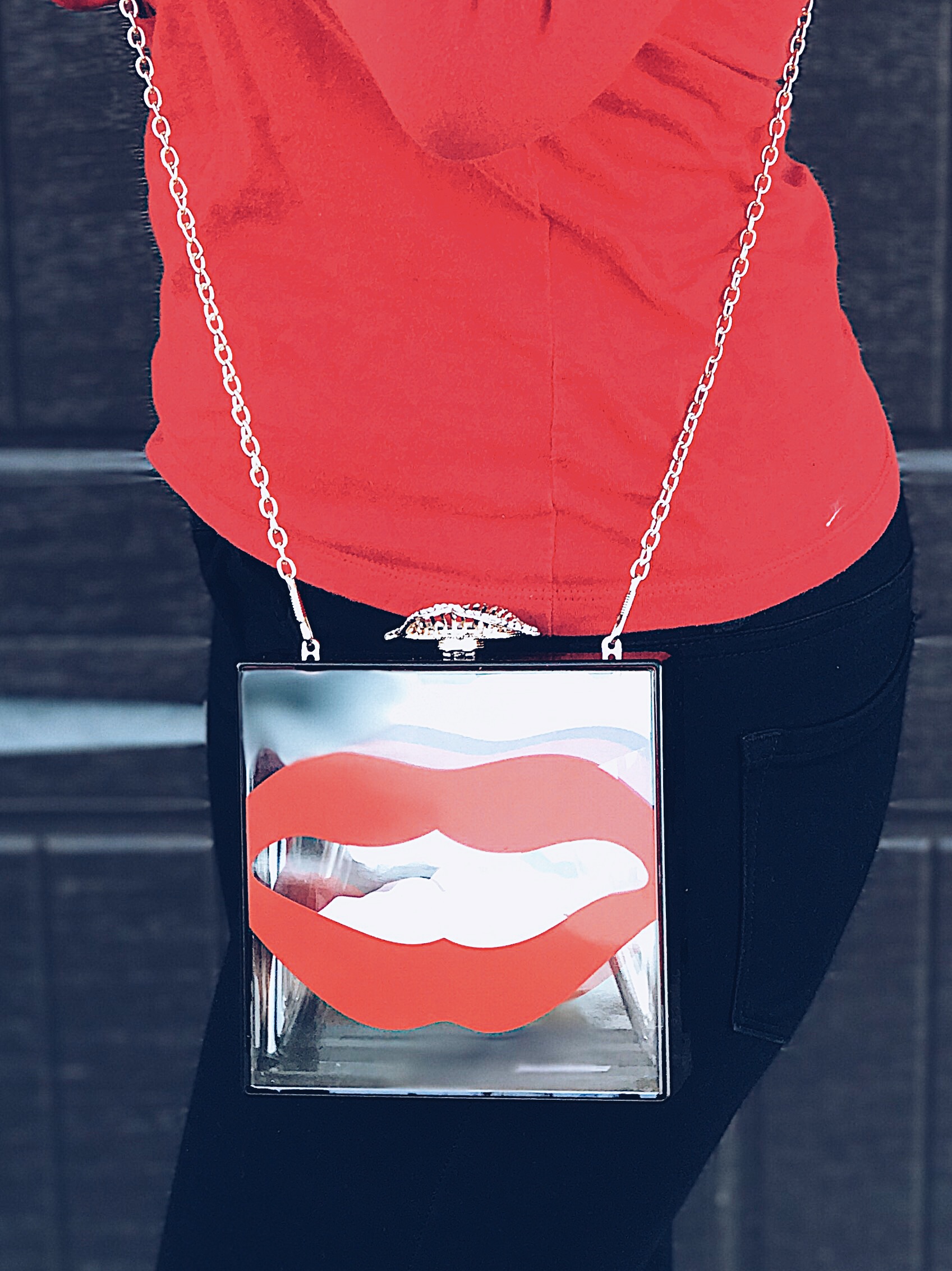 clear box red lips clutch blue labels boutique