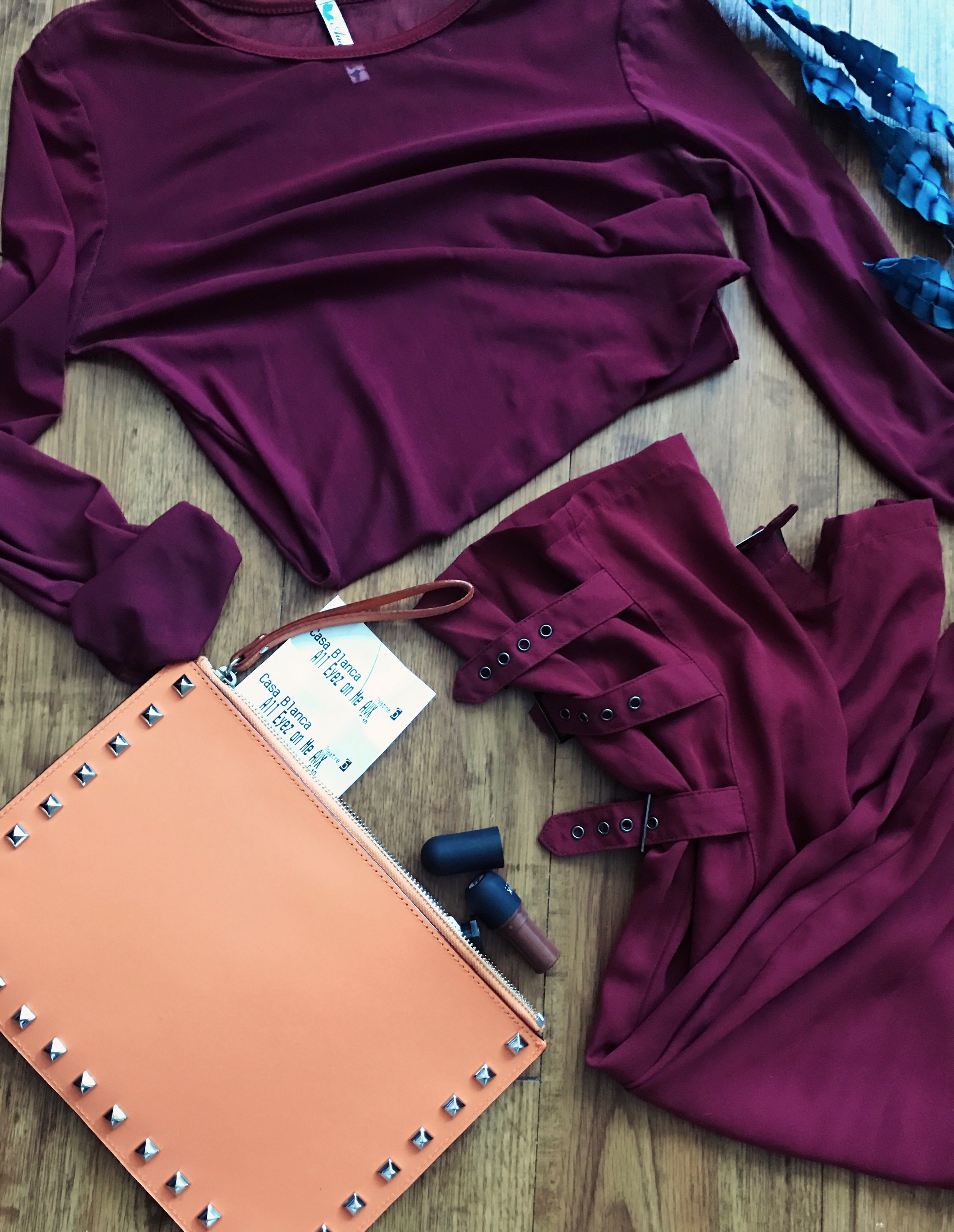 sheer top with buckle trousers burgundy