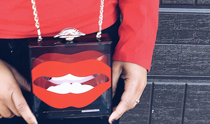 clear box red lips clutch blue labels boutique