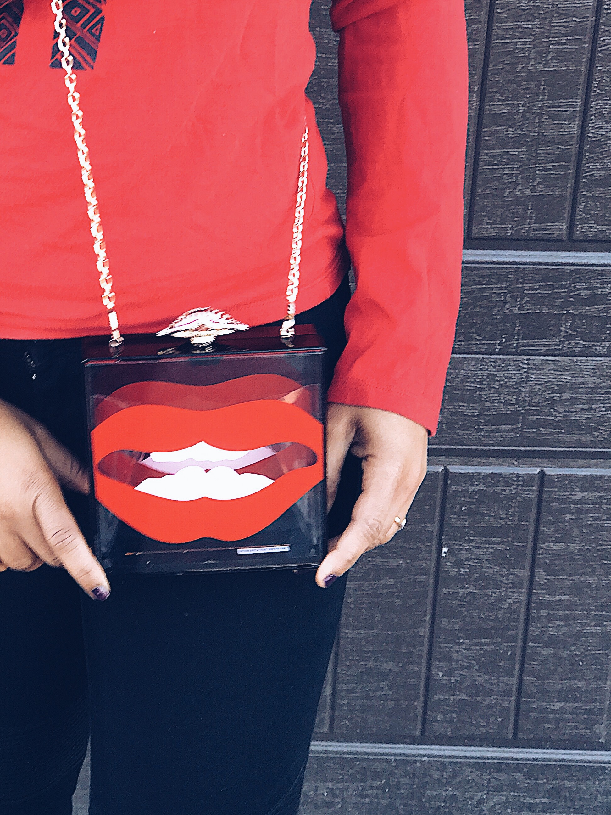 clear box red lips clutch blue labels boutique