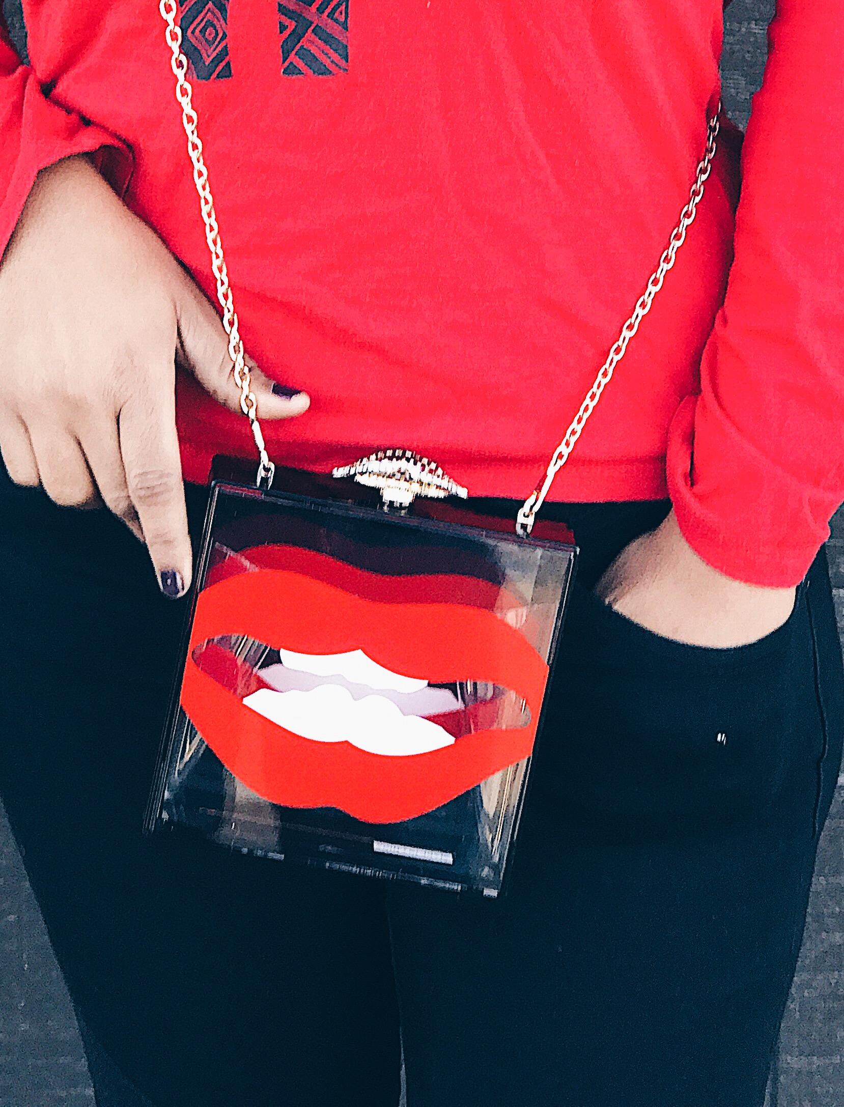 clear box red lips clutch blue labels boutique