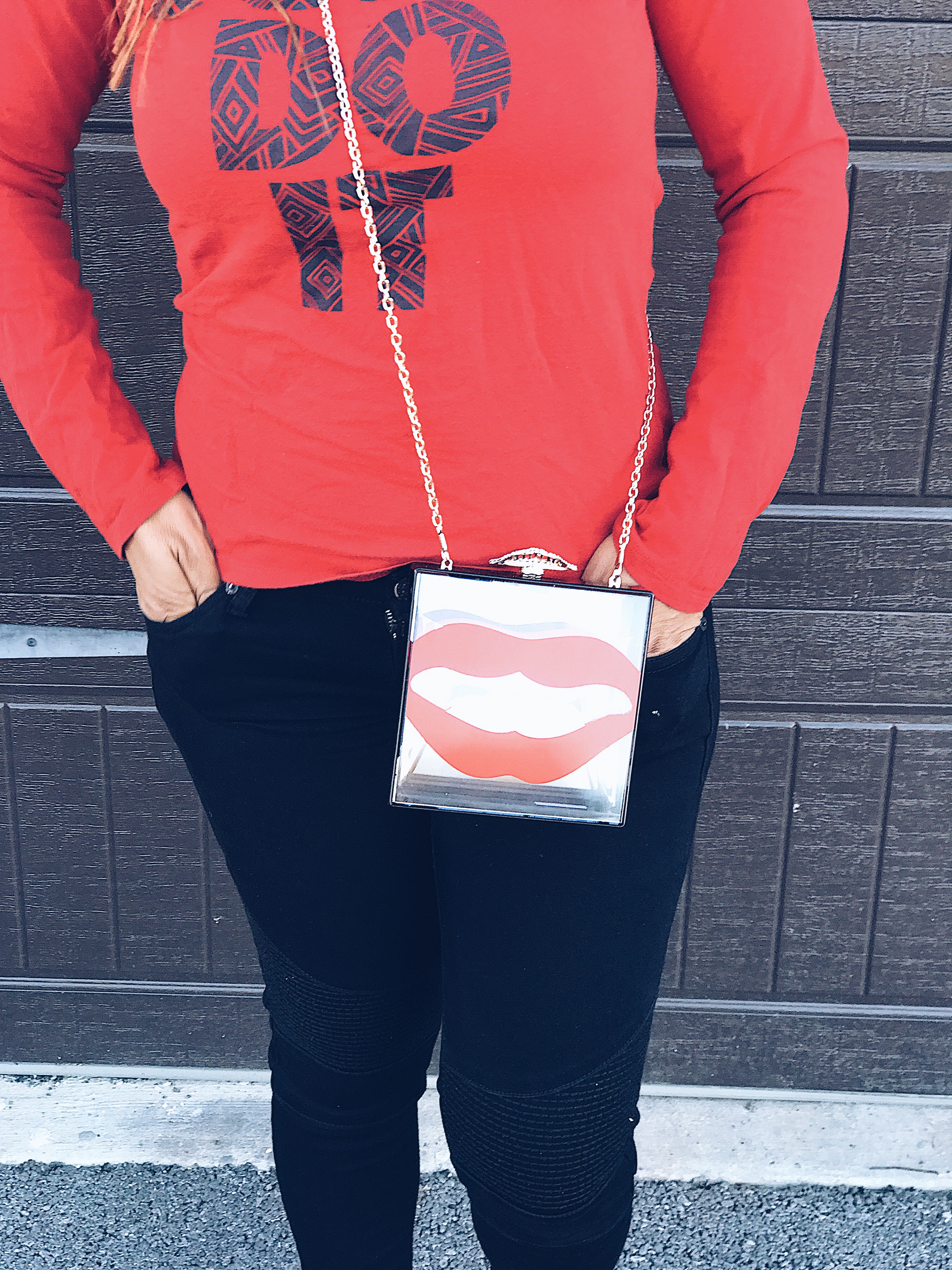 clear box red lips clutch blue labels boutique