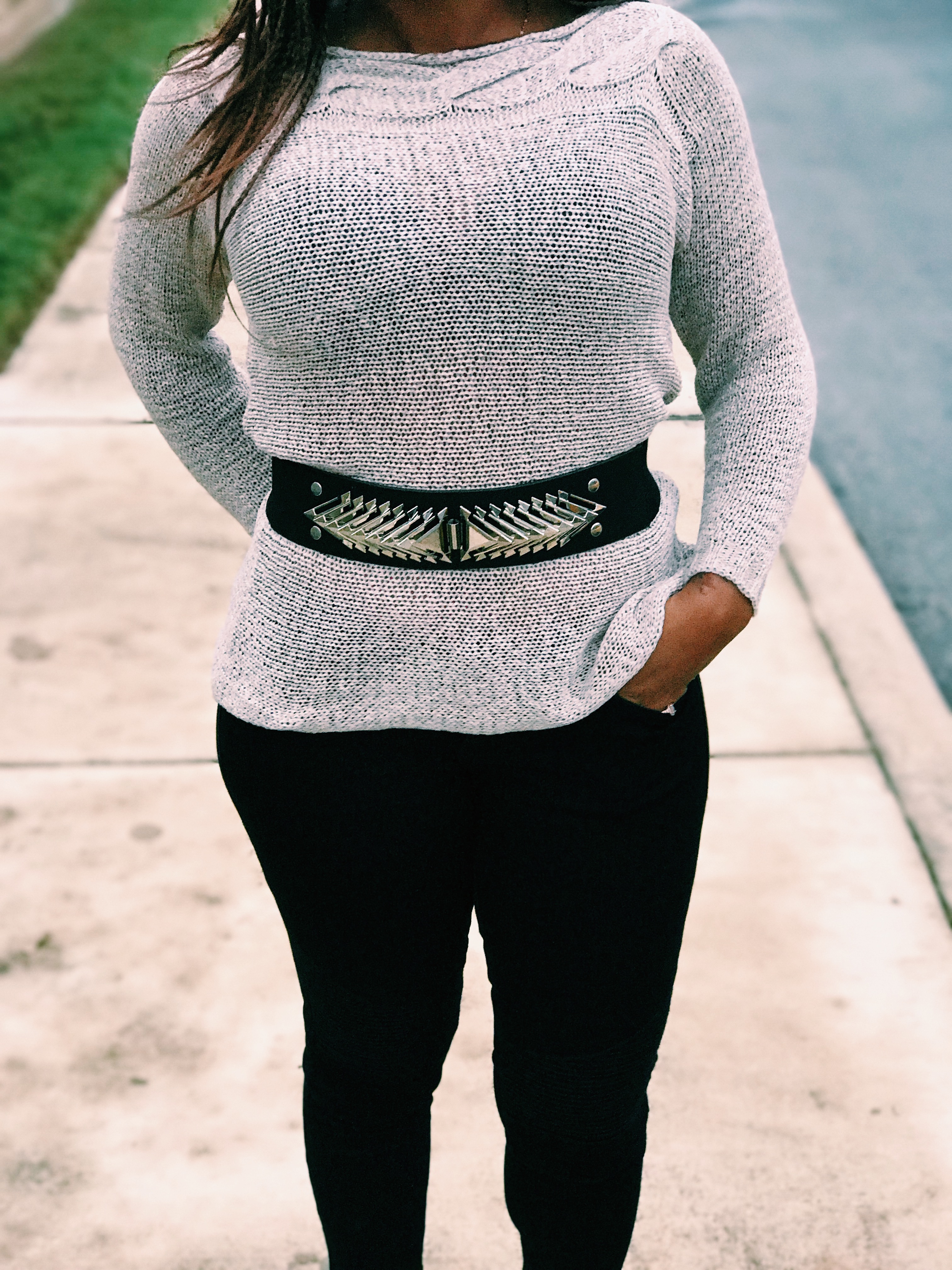 beige womens sweater-metal belt