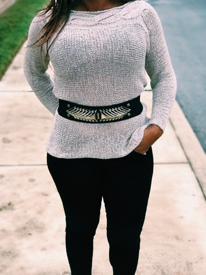 beige womens sweater-metal belt